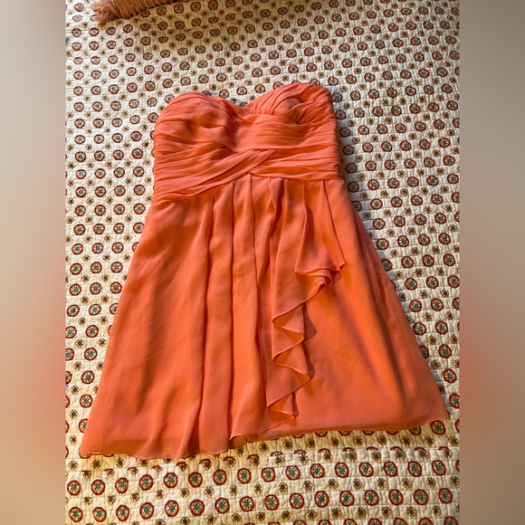 David’s Bridal Coral Orange Pink Strapless Bridesmaid Dress Chiffon size 14 - Picture 2 of 8